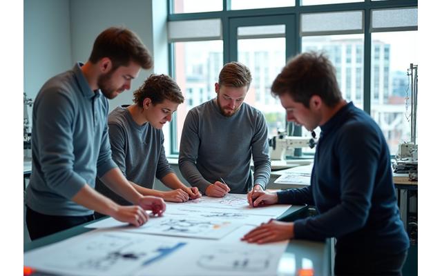 Team of engineers collaborating in a modern athletic R&D lab