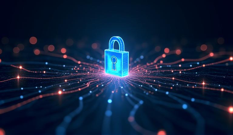 Abstract representation of data security, with glowing digital shield protecting data streams